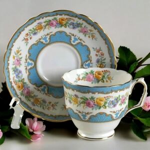 Vtg Tea Cup Saucer Lyric Tunis Blue Crown Staffordshire England Bone China